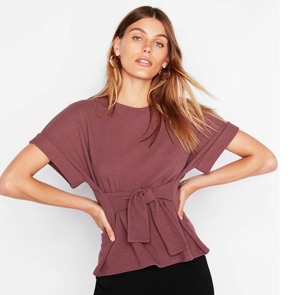 * Express Textured Tie Waist Rolled Sleeve Tee